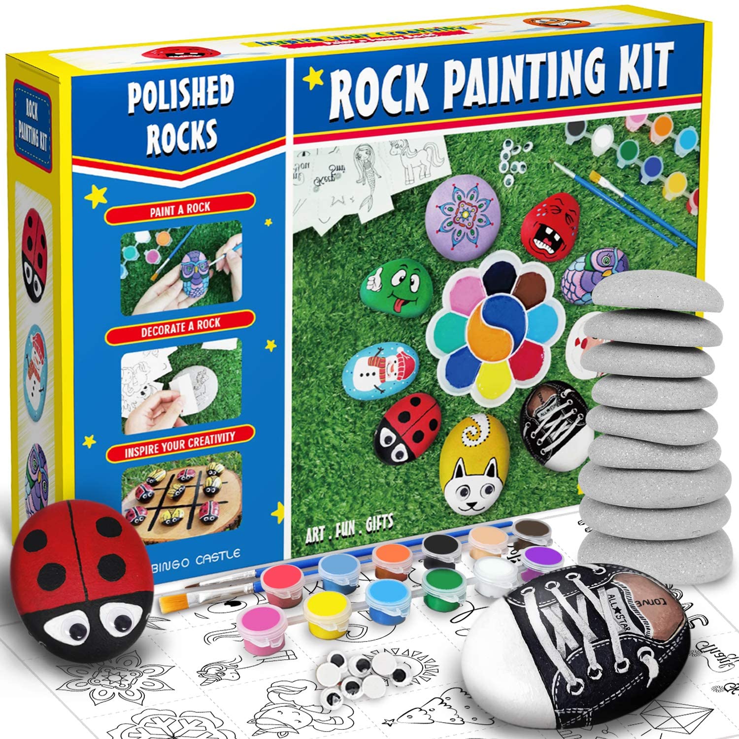 Bingo Castle Rock Painting Kit – Big Polished White-Grey Rocks for