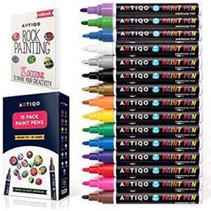 Paint pens for rock painting - Wood, Glass, Metal and Ceramic Works on almost all surfaces set of 15 Vibrant Medium tip Oil Paint Marker Pens, Quick Dry, Water Resistant